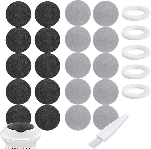 25 Pack Replacement Pads Refills for Pedi Vac Portable Electric Vacuum Callus Remover Foot File for Exfoliation Cracked Heels Dead Skin with a Clean Brush (20Pcs Grind Head Pads +5Pcs Sponge Ring)