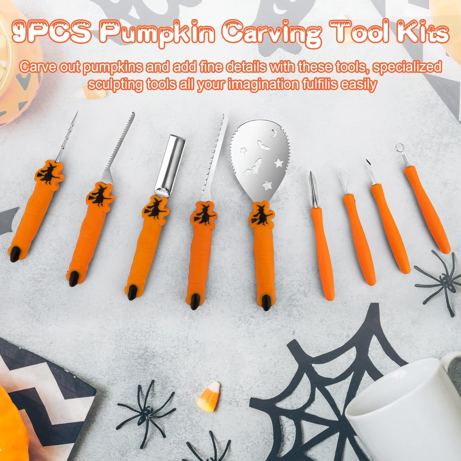 Pumpkin Carving Kit Tools Halloween, Professional Heavy Duty Carving Set, Stainless Steel Sculpting Tool Carving Knife for Halloween Decoration Jack-O-Lanterns, Gift for Halloween(9Pcs)